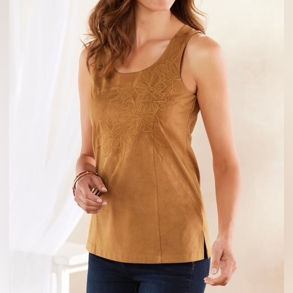 Soft Surroundings Top Womens embroidered Brown Constance Faux Suede size large - Picture 1 of 7